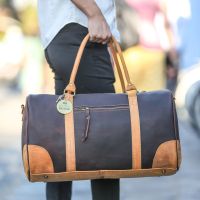 Hoi An Real Leather - Da Bao Real Leather: Classic duffle bag in blue and light brown colour, made of buffalo leather.