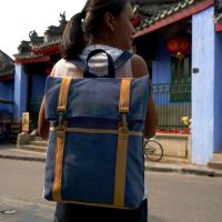 Hoi An Real Leather - Da Bao Real Leather: Suede buffalo leather messenger backpack. Blue color with light-brown decoration. Spacious and easy to carry backpack in vintage style. .