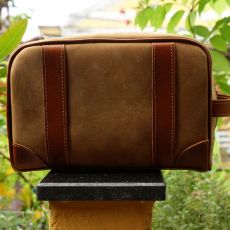 Hoi An Real Leather - Da Bao Real Leather: Big size toiletry bag, made of suede buffalo leather. Light brown color with strap decoration and loop.