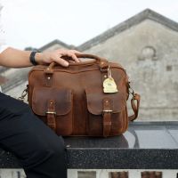 Hoi An Real Leather - Da Bao Real Leather: Leather Bags - Big Leather Briefcase with 2 compartments and outer pockets. Stylish vintage looking buffalo leather