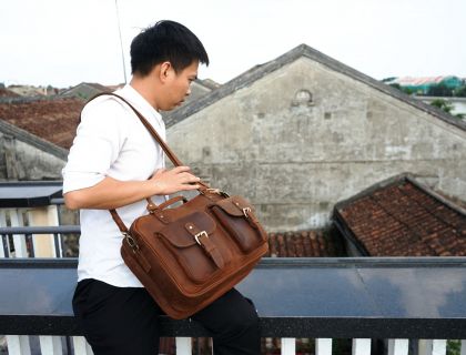 Hoi An Real Leather - Da Bao Real Leather: Leather Bags - Big Leather Briefcase with 2 compartments and outer pockets. Stylish vintage looking buffalo leather. View over the rooftops of Hoi An Old Town